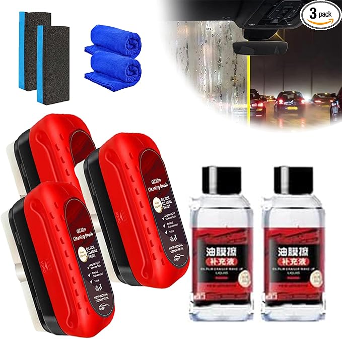 Automotive Oil Film Cleaning Brush, Oil Repellent Film For Car Windows (3pcs+120ml)