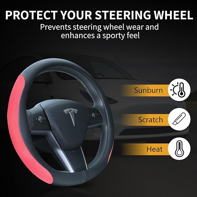 Nappa Leather Steering Wheel Cover for Tesla Model 3/Y 2016-2025 2026 Juniper/Highland, Non-Slip Breathable Tesla Model 3/Y Steering Wheel Protector, Red
