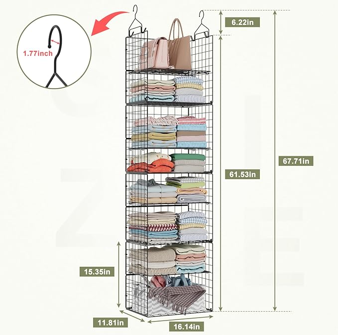 Hanging Closet Organizer and Storage - 8 Tier Closet Hanging Organizer Shelves, Metal & Foldable Hanging Storage Organizer Ba