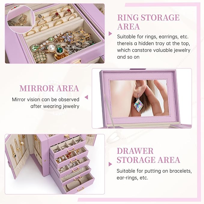 AKOZLIN Jewelry Box Organizer Functional Leather Jewelry Storage Case for Women Girls Ring Necklace Earring Bracelet Holder O