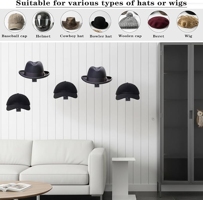 6 Pcs Metal Hat Display and Holder, Wall Mounted Slatwall Rack Organizer for Baseball Caps, Beanies, Wigs, for Home and Retai