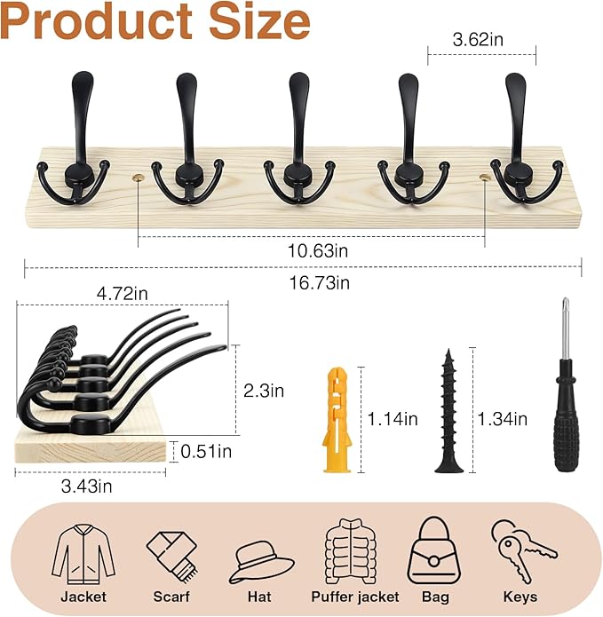 Wooden Coat Rack Wall Mount Heavy Duty, 2 Pack Coat Hanger Wall Mount with 5 Triple Hooks for Clothes, Jacket, Hat, Keys, Spa