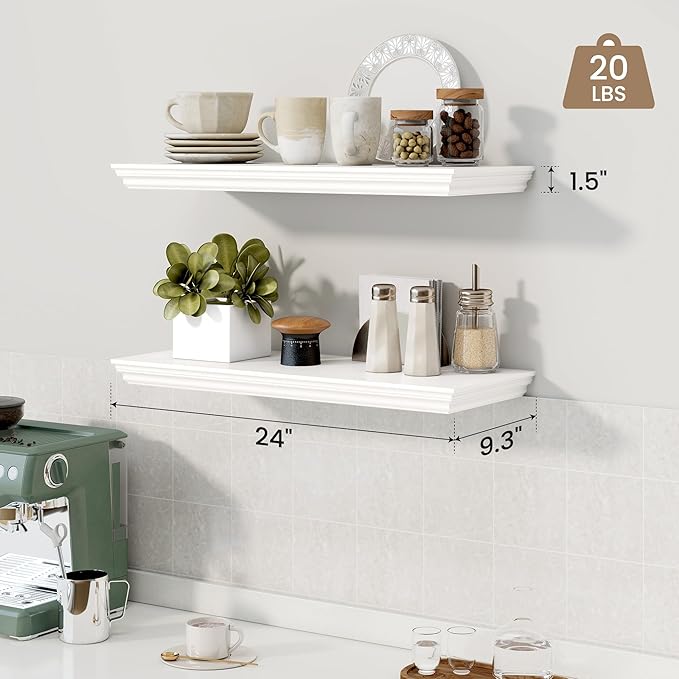 Axeman 24 Inch Floating Shelves for Wall, 9.3" Deep Crown Molding Wood Display Shelf with Heavy Duty Invisible Brackets for L