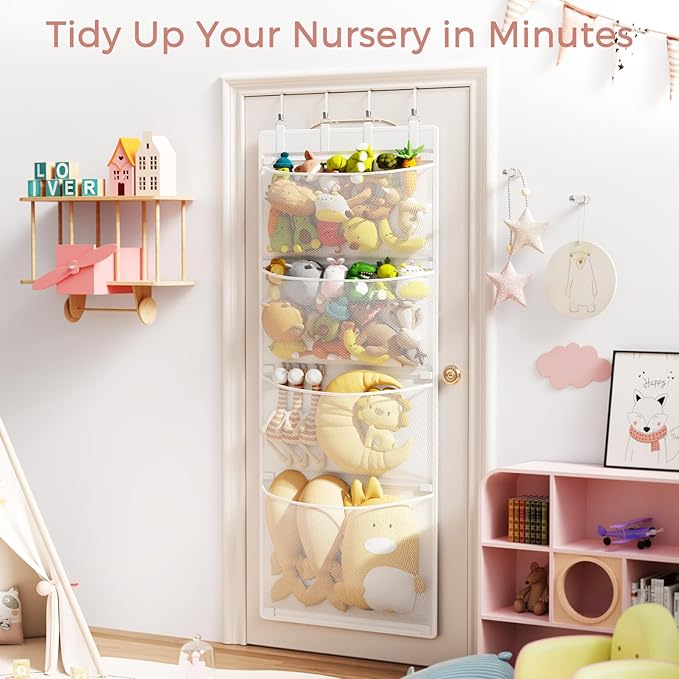 Criusia Stuffed Animal Storage, Over The Door Organizer with 4 Mesh Pockets, Toy Organizers and Storage for Nursery, Baby Sup