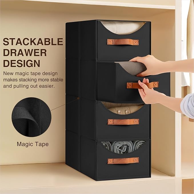 Homsorout Stackable Storage Drawers - Collapsible Storage Bins with Drawers, 6 Pack Closet Shelf Organizer Basket, Fabric Pul