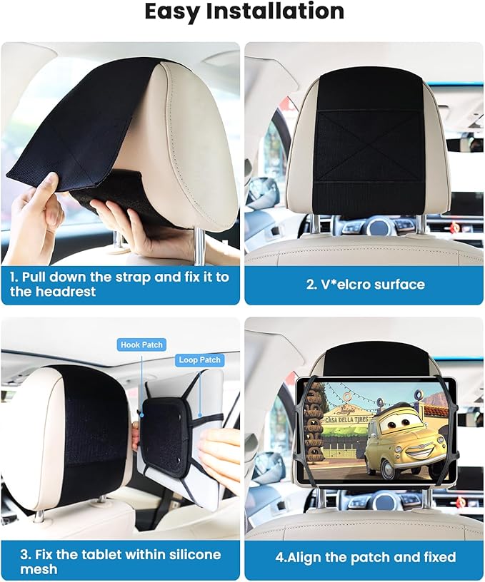 WONNIE Tablet Holder for Car, Upgraded iPad Holder for Car Mount Headrest, iPad Mount Back Seat for Kids with Anti-Slip Strap, Silicone Holding Net/Fits All 7-12.9'' Tablets