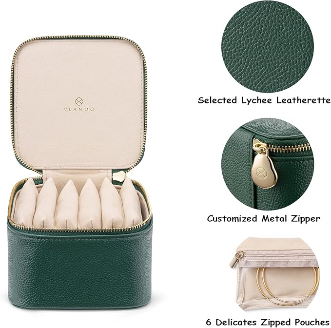 VLANDO Travel Jewelry Box Organizer – Portable PU Leather Jewelry Case with 6/8/12 Zippered Pouches, Compact Storage for Earr