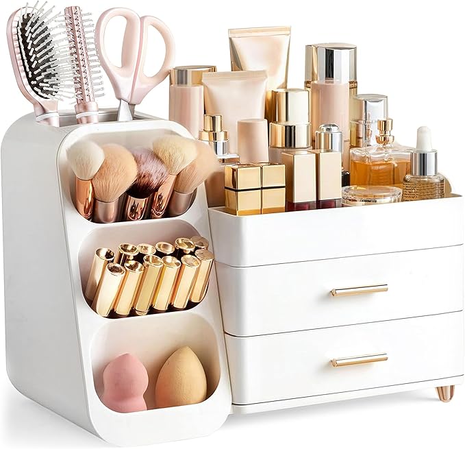 HBlife Makeup Organizer with Brush Holder for Vanity, Large Plastic Bathroom Countertop Organizer Skin Care Storage, Easy to 