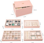 Voova Stackable Jewelry Organizer Tray with Lid, PU Leather Jewelry Storage Holder for Drawer Inserts, Jewellery Display Box 