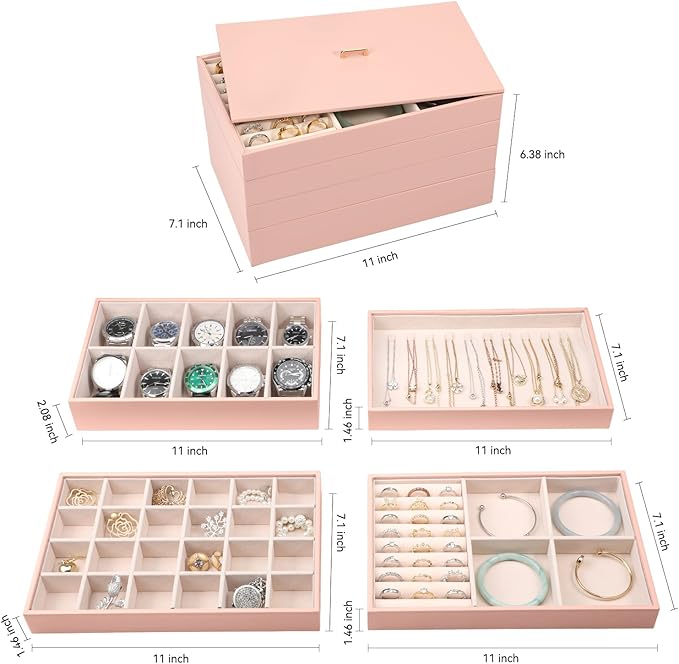 Voova Stackable Jewelry Organizer Tray with Lid, PU Leather Jewelry Storage Holder for Drawer Inserts, Jewellery Display Box 