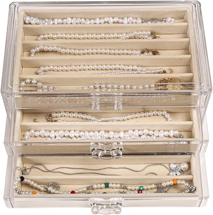 CLUQMEIK Necklace Organizer Box with Clear Lid, Dustproof Velvet Jewelry Holder Storage Display Case, Stackable Acrylic Neckl