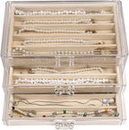 CLUQMEIK Necklace Organizer Box with Clear Lid, Dustproof Velvet Jewelry Holder Storage Display Case, Stackable Acrylic Neckl