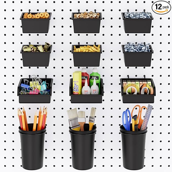 INCLY 12 Pack Pegboard Bins & Cups with Hooks, Peg Board Organizer Accessories Assortment Kit, Peg Board Tools Accessory Stor