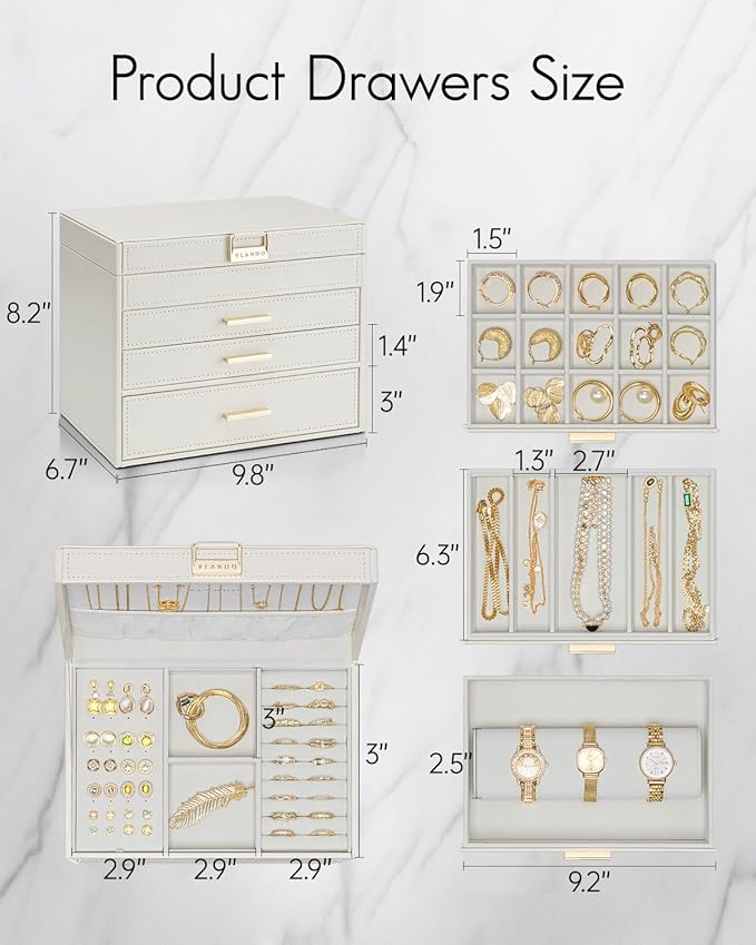 Vlando 4 Layer Large Jewelry Box - Jewelry Holder Organizer, Jewelry Box Organizer for Drawer Necklace Ring Bracelet and Watc