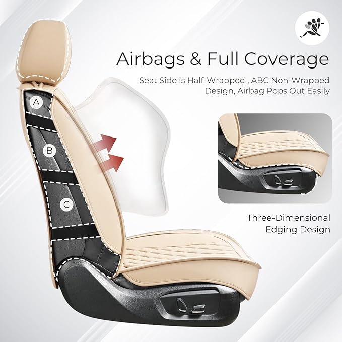 Huidasource Beige Seat Covers Full Set, Nappa Leather Seat Cover Hollow Design Airbag Pops, Front ＆ Back Seat, 5 Layers Seat 