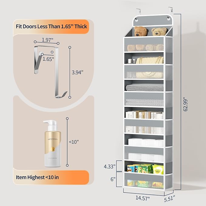Yecaye Over Door Organizer, 60 lbs Load Capacity, Metal Hanging Storage with 6 Shelves for Toys, Bathroom, Nursery, Dorm Room