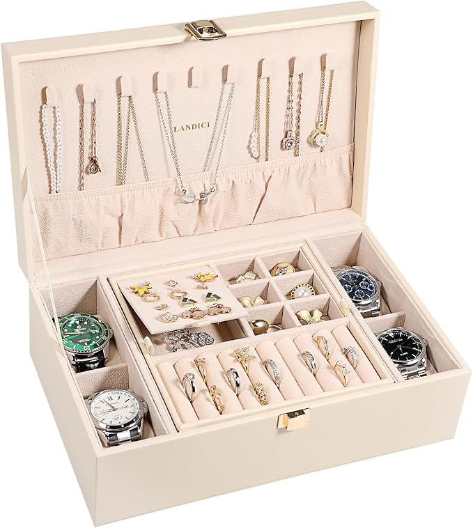 LANDICI Jewelry Box Organizer for Men Women, 2 Layer 4 Slot Watch Storage Case with Removable Tray, PU Leather Large Jeweller