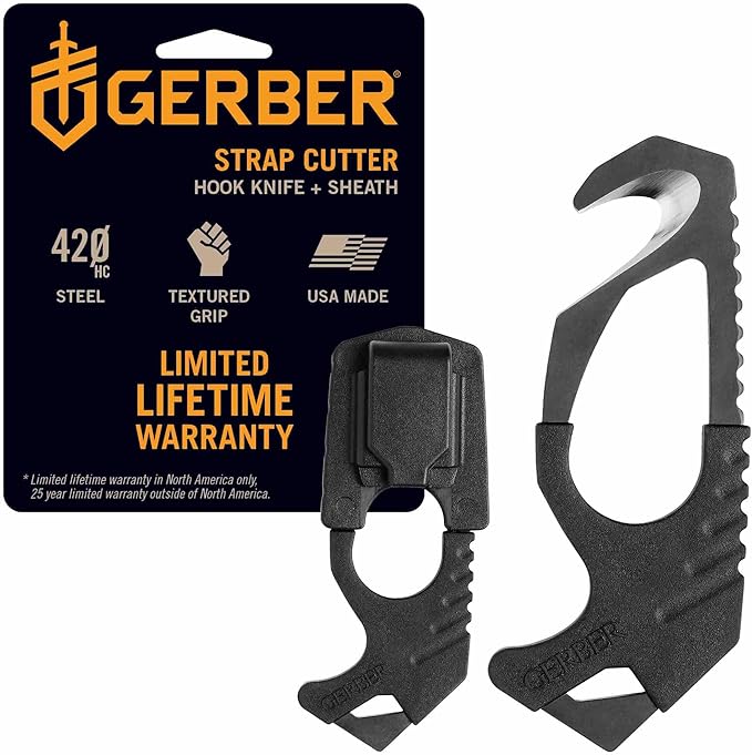 Gerber Gear Seatbelt Strap Cutter Escape Tool with Lanyard Hole and Glass Breaker, Made in USA, Black, 5 x 2.5 x 1 inches Poc
