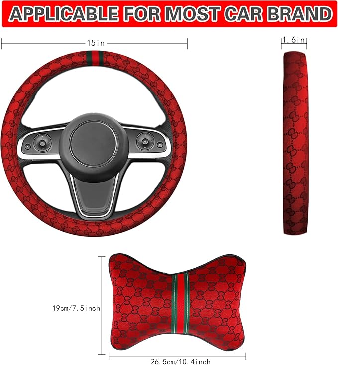 5PCS Steering Wheel Cover, with 2 Headrests, 2 Seat Belt Covers - Universal Fit for 14.5-15" Steering Wheel, Enhances Driving Experience - Perfect for Women (Red)