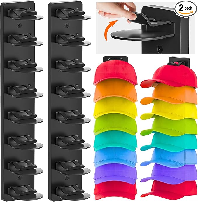 Eiito Hat Organizer for Baseball Caps, 2 Pack Strong Adhesive Hat Rack for Wall, Multilayer Hat Storage Display Holder, Wall 