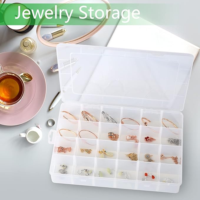 Gbivbe Large 24 Grids Plastic Organizer Box Adjustable Dividers,Clear Storage Box for Jewelry, Art DIY Crafts, Washi Tapes, B
