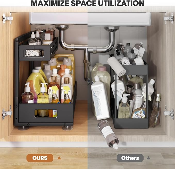 2 Pack 19IN-Depth Under Sink Organizer,Pull Out Cabinet Organizer With Smooth Cylindrical Rail,Metal Slide Out Drawer for Kit