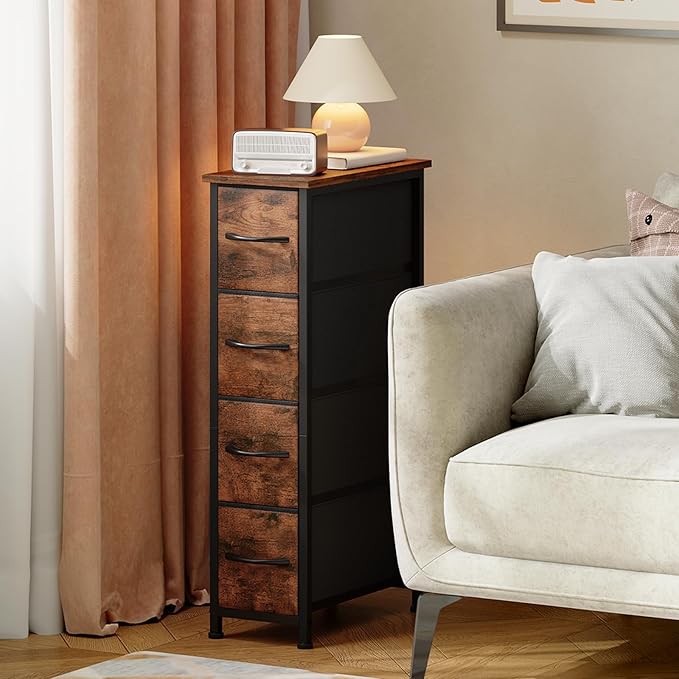 Somdot Narrow Dresser with 4 Drawers, Slim Storage Organizer Chest of Drawers with Removable Fabric Drawers for Small Spaces 