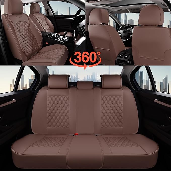 Coverado Full Set Car Seat Covers, Brown Leather Seat Protectors for Cars, Waterproof Luxury Front & Back Car Seat Covers, Un