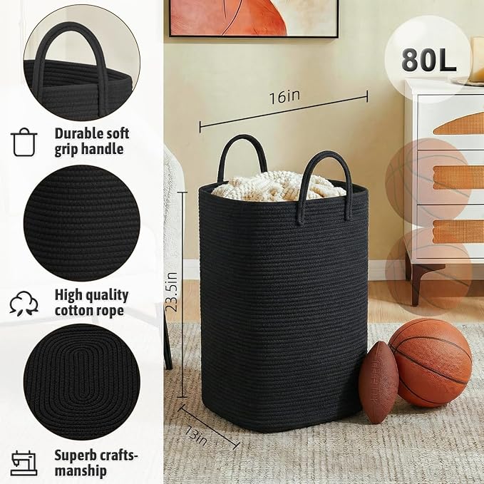 Artfeel Laundry Basket,Woven Cotton Rope Laundry Hamper,80L Versatile Storage for Dirty Clothes,Baby Toys,and Blankets in Bat