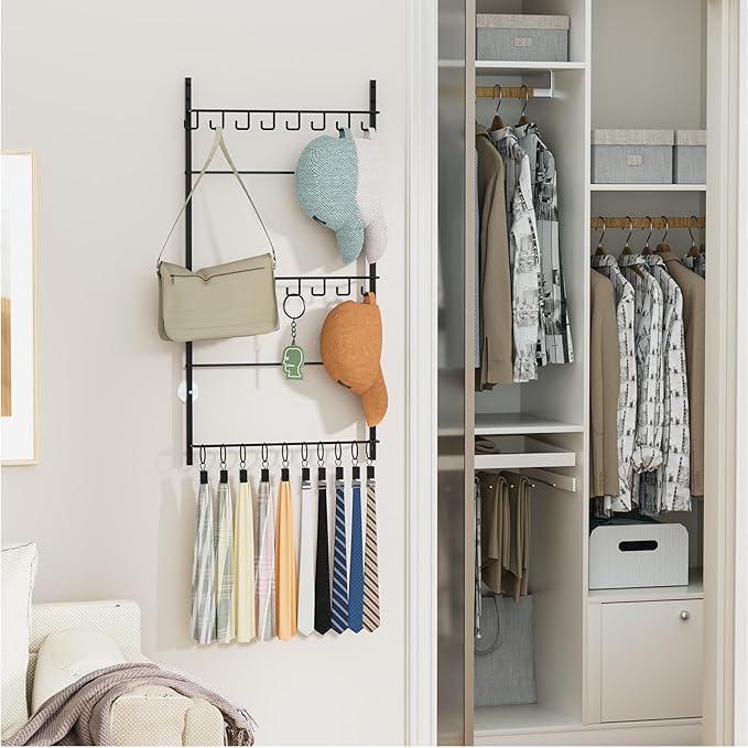 HapiRm Over Door Hat Rack - 3 Tier Wall Mounted Hat Organizer with 16 Hooks and 10 Movable Clips, Baseball Cap Organizer Stor