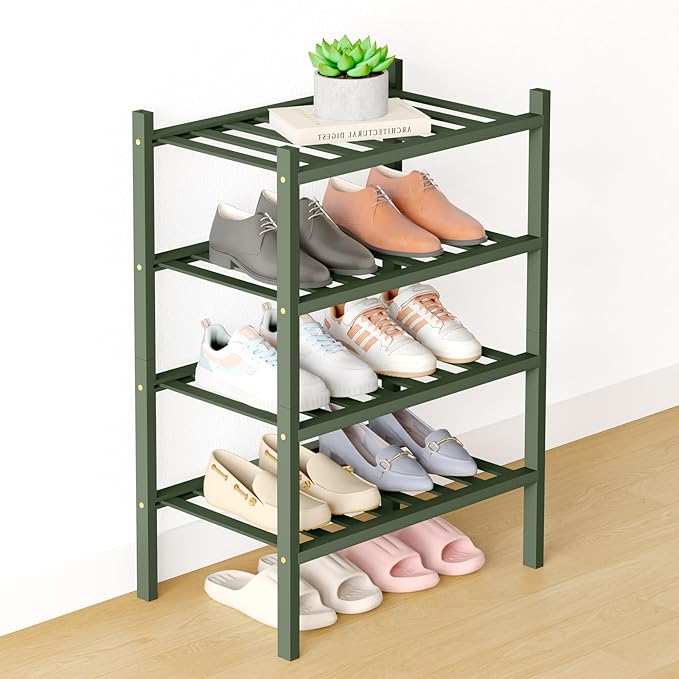 Smiry Bamboo Shoe Rack for Closet, 4 Tier Small Wooden Stackable Shoe Organizer, Free Standing Shoes Storage Shelf for Entryw
