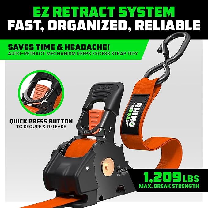 Rhino USA Retractable Ratchet Straps (4-Pack) - 1 Inch x 10 Feet (1,209lb Break Strength) - Auto Self Retracting Tie Down Straps for Truck, Cargo Trailer, Motorcycle, ATV, UTV - Orange