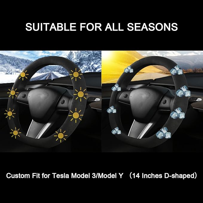Suede Steering Wheel Cover for Tesla Model 3/Y, Anti Heat, Breathable, Anti-Slip,Leather Steering Wheel Cover 14-14 1/4 in (35.5-36 cm) (Black-02)