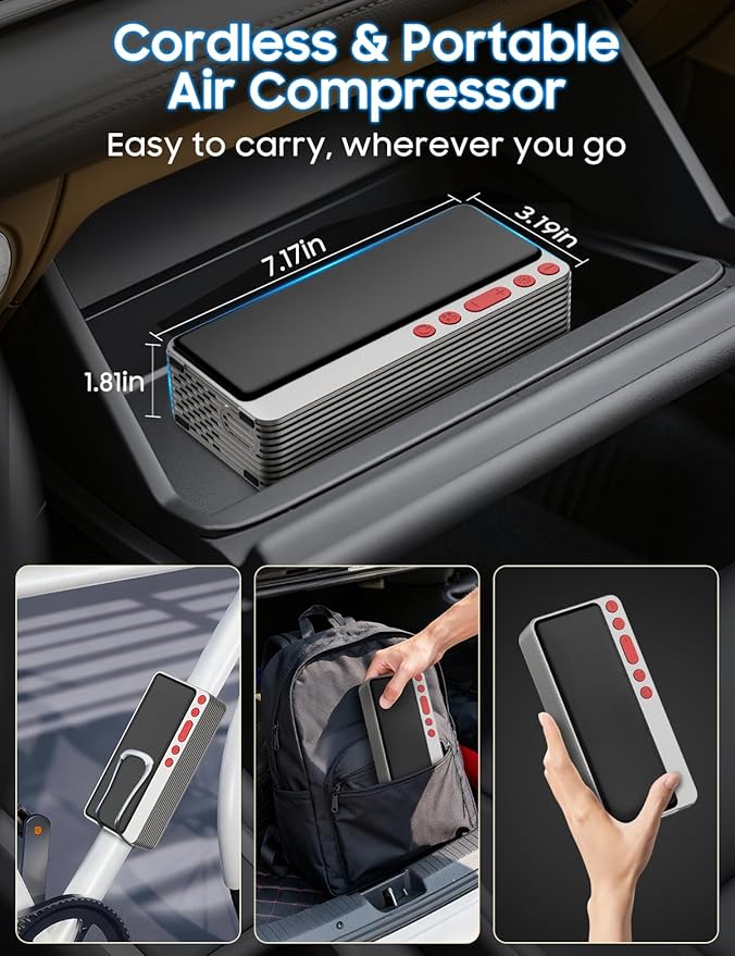 Tire Inflator Portable Air Compressor, Silver Smart Air Pump for Car Tires, All-in-One Storage Bike Tire Pump with LED Light, 10000mAh&150PSI Pump for Motor, Bicycle and More, Auto Shut-Off