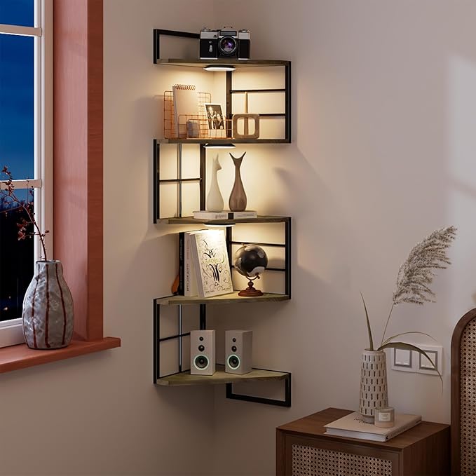 Corner Floating Shelves with Lights - 5 Tiers Corner Shelf Wall Mounted, Bookshelf with LED Light, Floating Shelves for Wall,
