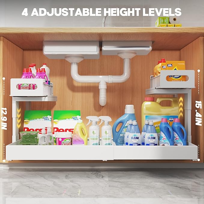 1 Pack-19"-32"W Expandable Under Sink Organizer With Upgrade Ball-Bearing Slide,2-Tier Pull Out Under Cabinet Organizer Heigh