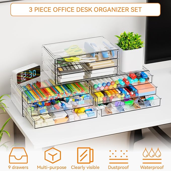 Yieach 11.1 Inch Long Clear Drawer Organizers Stackable,3 Pack Small Acrylic Drawers,School,Office Supplies Organizer And Sto