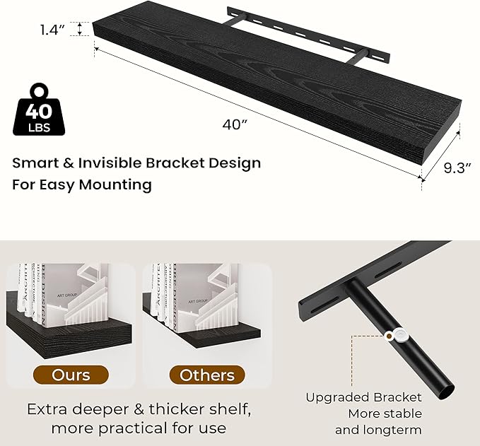 Dreamland 40 Inch Long Floating Shelves in White,9.3 Inch Deep Floating Shelf for Wall,Large Display & Storage Shelf, Wall Sh