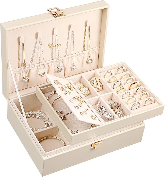 Voova Jewelry Box Organizer for Women Girls, 2 Layer Large Men Jewelry Storage Case, PU Leather Display Jewellery Holder with