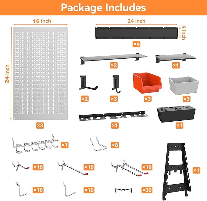 WALMANN 113 PCS Pegboard Wall Tool Organizer Kit with Pegboard Hooks, Bins, Pegboard Tools Storage System for Garage, Modular