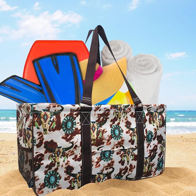 NGIL Extra Large Utility Tote Reusable Grocery Bag Oversized Collapsible for Groceries, Storage, Picnic, Beach (Bulls and Cow-Black)