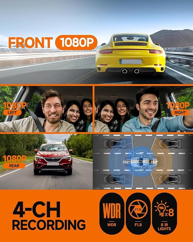 360° Dash Cam Front and Rear Inside, 4 Channel FHD 4 * 1080P, Wi-Fi GPS Voice Control Car Camera, Front 2K+1080P*2 Dash Camer
