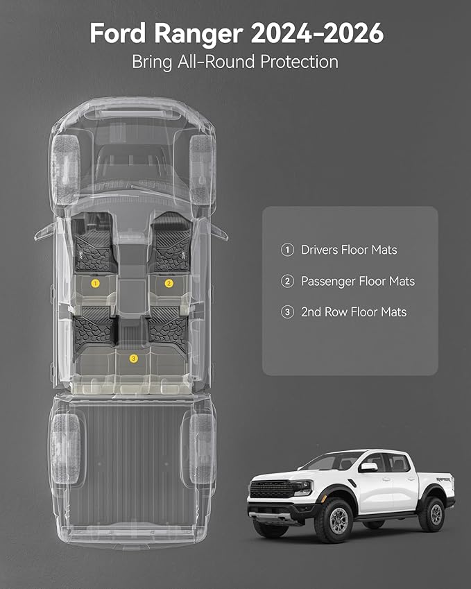 3W Floor Mats Fit for Ford Ranger SuperCrew 2024-2025 2026,1st & 2nd Row TPE Car Accessories Custom Fit All Weather Car Liner for Ford Ranger,Black