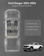 3W Floor Mats Fit for Ford Ranger SuperCrew 2024-2025 2026,1st & 2nd Row TPE Car Accessories Custom Fit All Weather Car Liner for Ford Ranger,Black