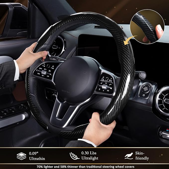 Aimato Car Steering Wheel Cover Carbon Fiber, Ultra-Thin Car Steering Wheel Cover,Comfortable & Breathable Microfiber,Universal Fit for Most Cars, Bright Black