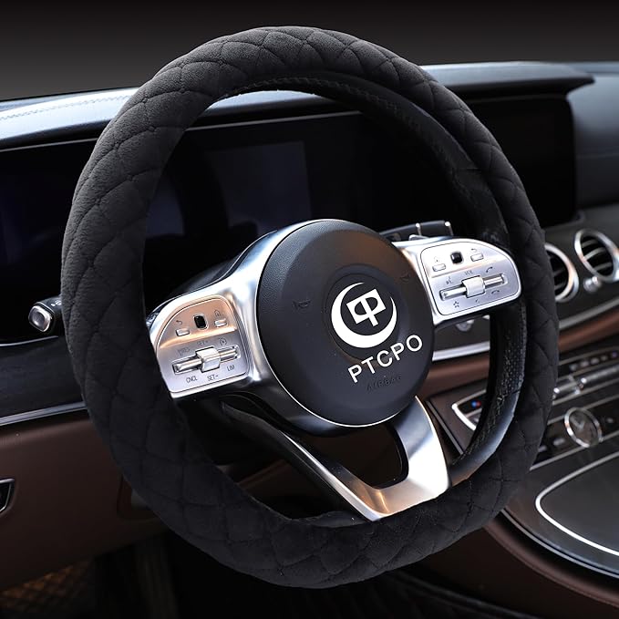 Soft Car Steering Wheel Cover for Sedan, SUV, Warm Luxury Velvet, Odorless, Universal, Anti Slip, Summer Winter, Black, D Sha