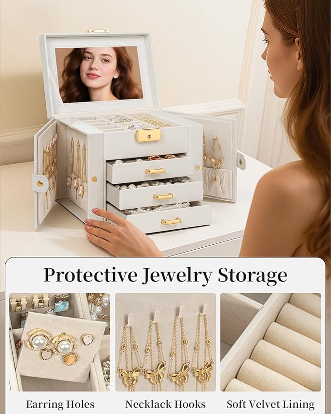 TORIBIO Jewelry Box for Women, Leather Jewelry Organizer with Mirror & Lock, 4-Tier Jewelry Storage Organizer with 3 Drawers 