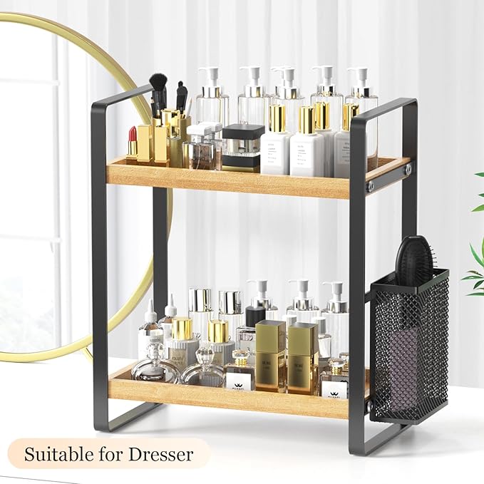 LEMIKKLE 2-Tier Wood Bathroom Counter Organizer with Basket,Waterproof Vanity Perfume Skincare Storage for Bathroom, Kitchen,