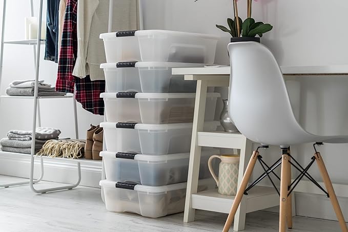 IRIS USA 27 Qt Stackable Plastic Storage Bins with Lids, 6 Pack - BPA-Free, Made in USA - Discreet Organizing Solution, Latch