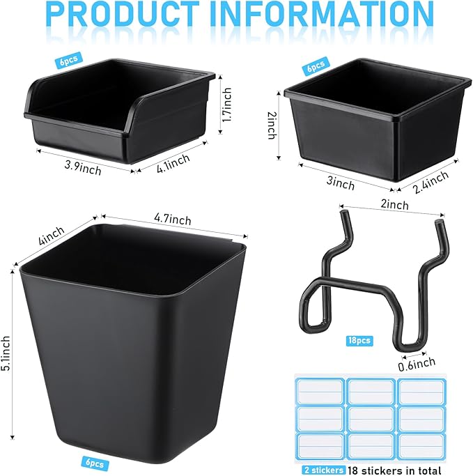 Uiifan 18 Set Pegboard Bins Kit Plastic Pegboard Cups with Metal Hooks Wall Containers Organizer Accessories with Label Stick